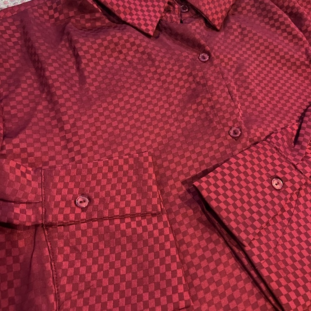HYFVE Burgundy Checkered Blouse with Geometric Design